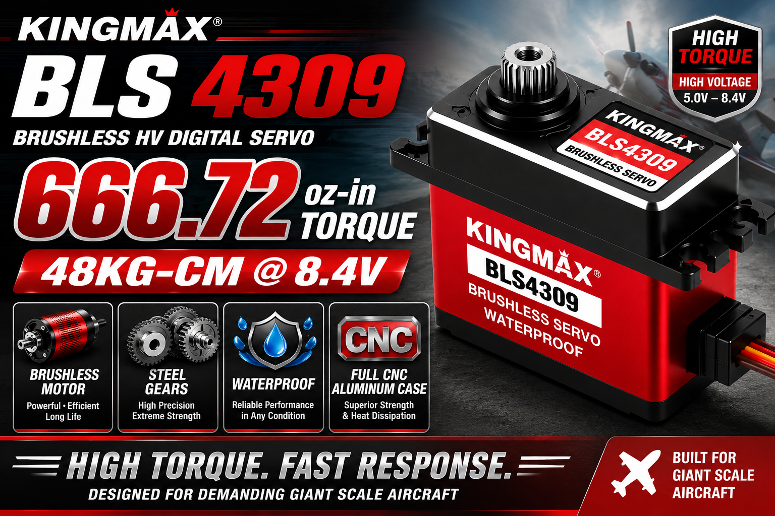 Kingmax BLS 4309 brushless HV digital servo with specifications on a dark background