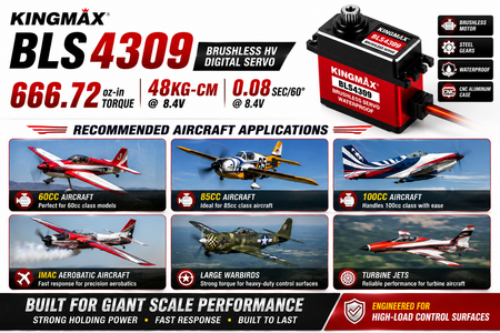 Kingmax BLS4309 brushless HV digital servo with specifications and recommended aircraft applications on a promotional graphic.