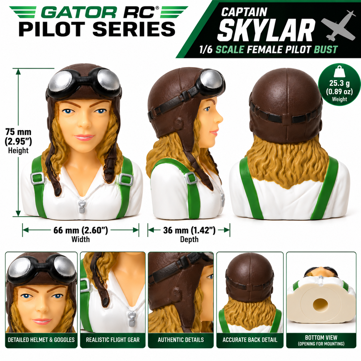 Captain Skylar 1/6 scale female RC pilot bust with aviator goggles and green harness chart