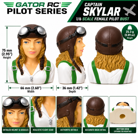 Captain Skylar 1/6 scale female RC pilot bust with aviator goggles and green harness chart