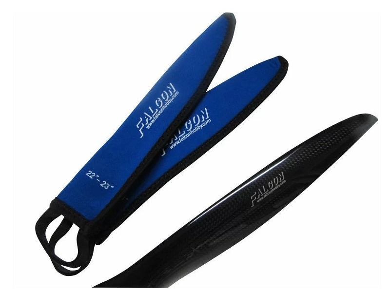 Blue and black prop covers with 'Falcon' branding on a white background