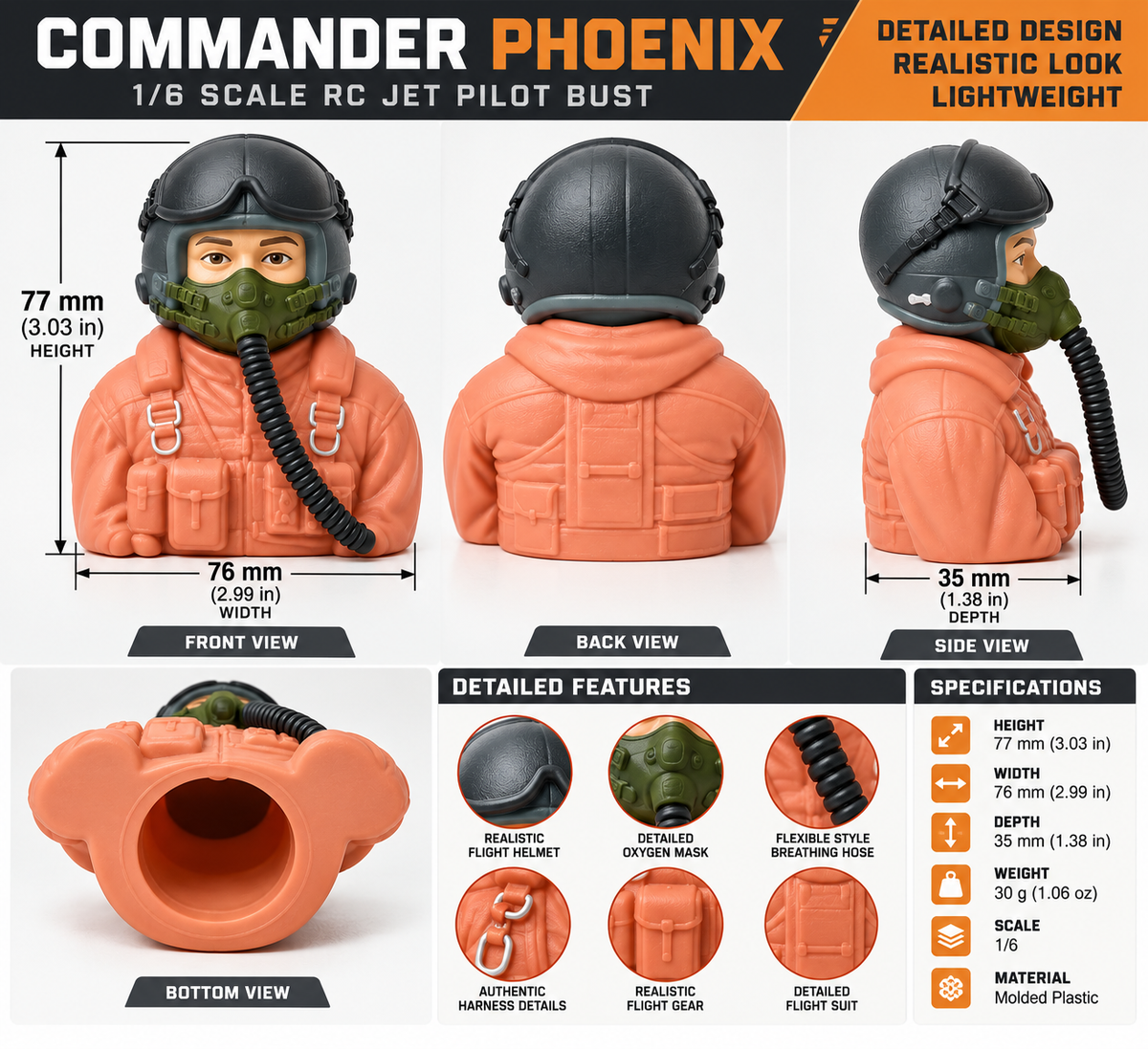 Commander Phoenix 1/6 scale RC jet pilot bust with orange flight suit chart