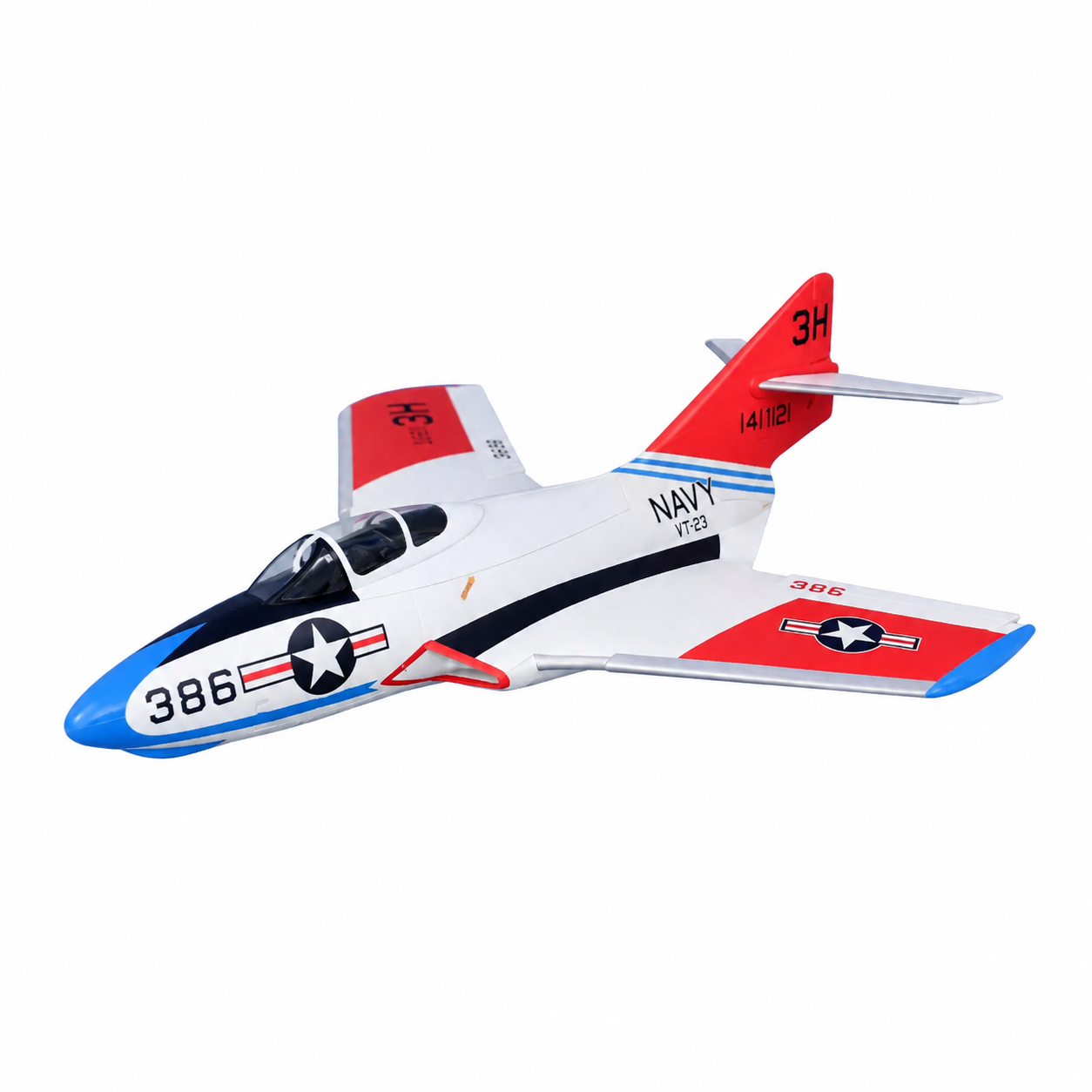 Model airplane with red, white, and blue colors on a white background