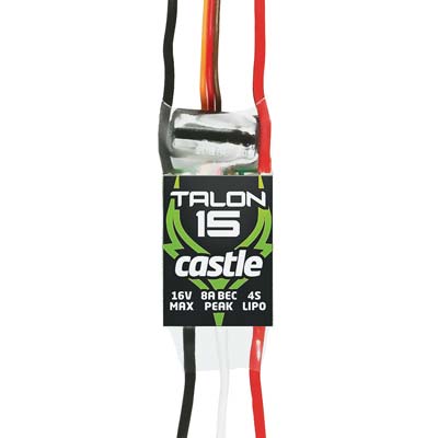Castle Talon 15 battery pack with colorful leads on a white background