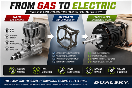 Dualsky electric conversion kit for DA70 gas engine with motor mount and brushless motor.