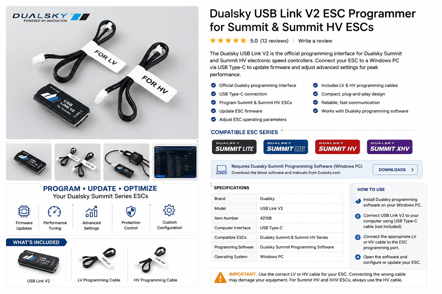 A product information page for the Dualsky USB Link V2 ESC Programmer, showing the black and white handheld device, several cables, software boxes, and compatibility badges for Summit and HV Series ESCs.