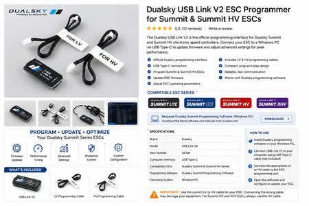 A product information page for the Dualsky USB Link V2 ESC Programmer, showing the black and white handheld device, several cables, software boxes, and compatibility badges for Summit and HV Series ESCs.