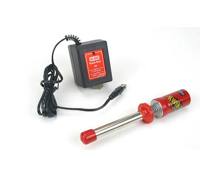 Red and black electronic device with a power adapter on a white background