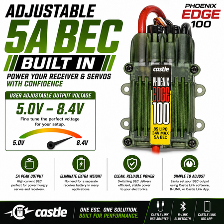 Castle Phoenix Edge 100 adjustable 5A BEC with features and specifications on a white background