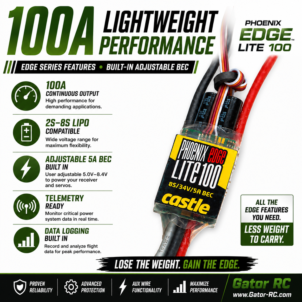  phoenix edge lite 100a electronic component with features listed on a white background