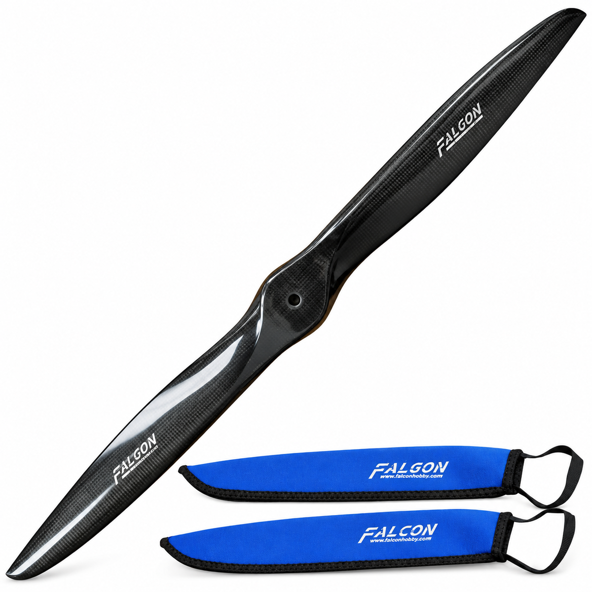 A black carbon-fiber propeller shown diagonally with its blue and black protective guard and matching cleaning cloth, both printed with the FALCON brand name, on a solid white background.