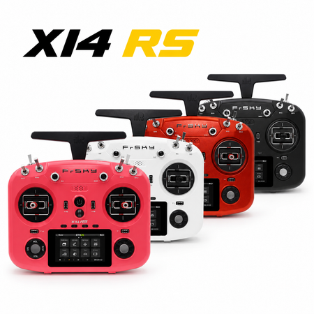 Frisky X14 RS remote control system in red, white, and black on a white background
