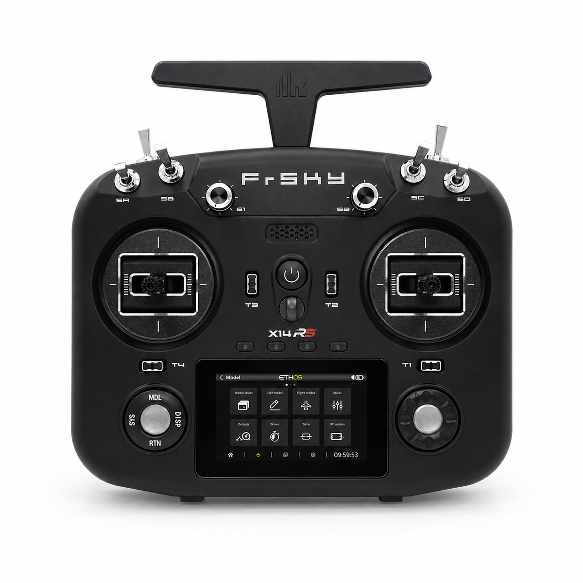 FrSky radio controller with digital display on a white background