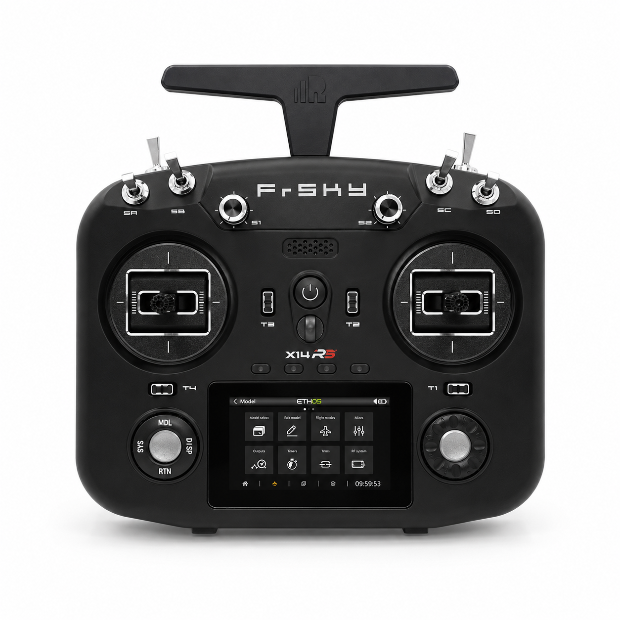 FrSky radio controller with digital display on a white background