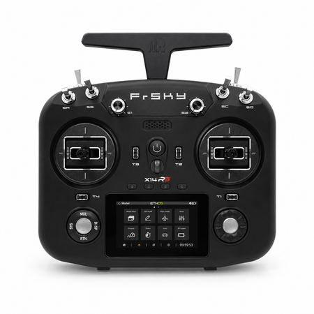 FrSky radio controller with digital display on a white background