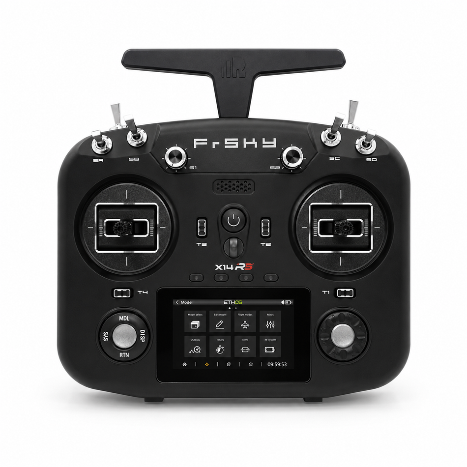 FrSky radio controller with digital display on a white background