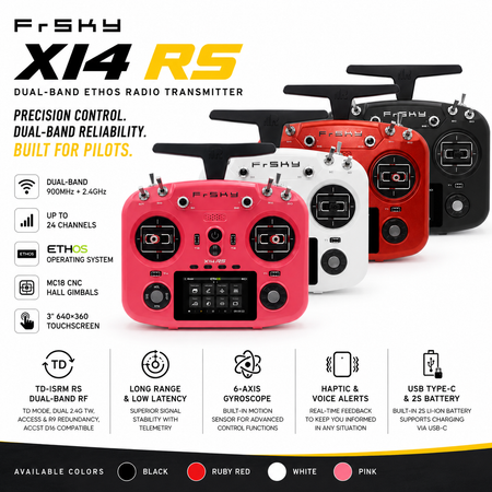 FrSky X14 RS dual-band ethos radio transmitter with color options on a white background