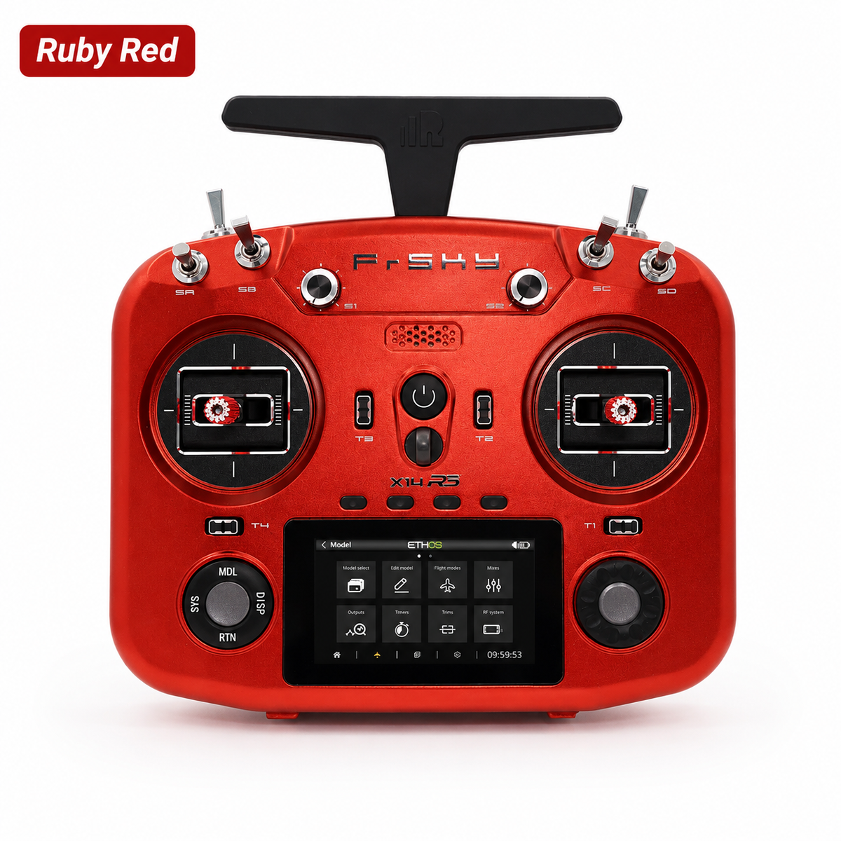 Red FrSky radio controller with black accents on a white background