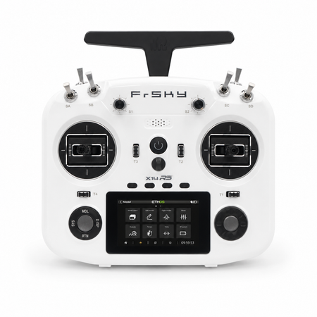 FrSky radio controller with black handle on a white background