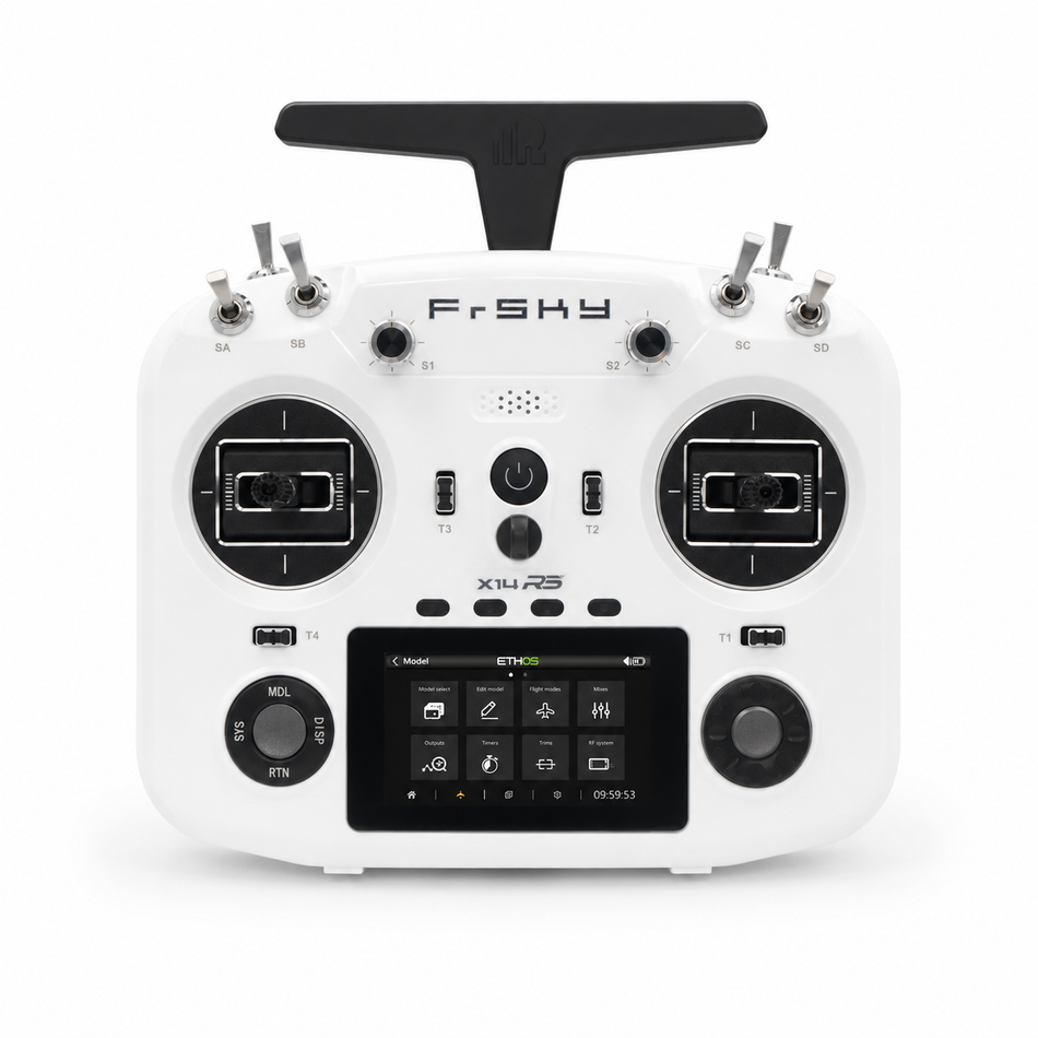 FrSky radio controller with black handle on a white background