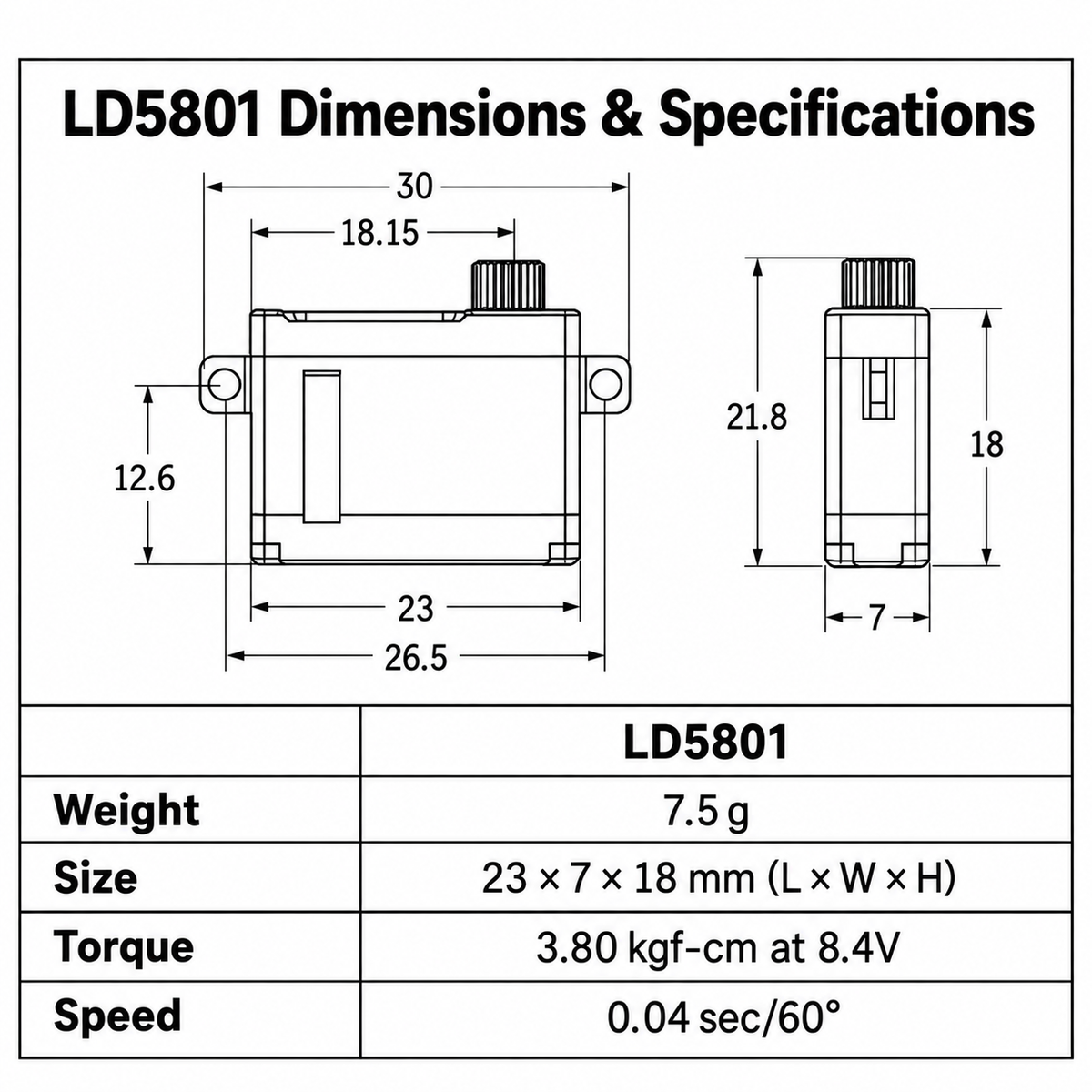 Technical dimension diagram and specifications table for the LD5801 sensor, showing front and side views with measurements, weight of 7.5 g, size 23 x 7 x 18 mm, torque 3.