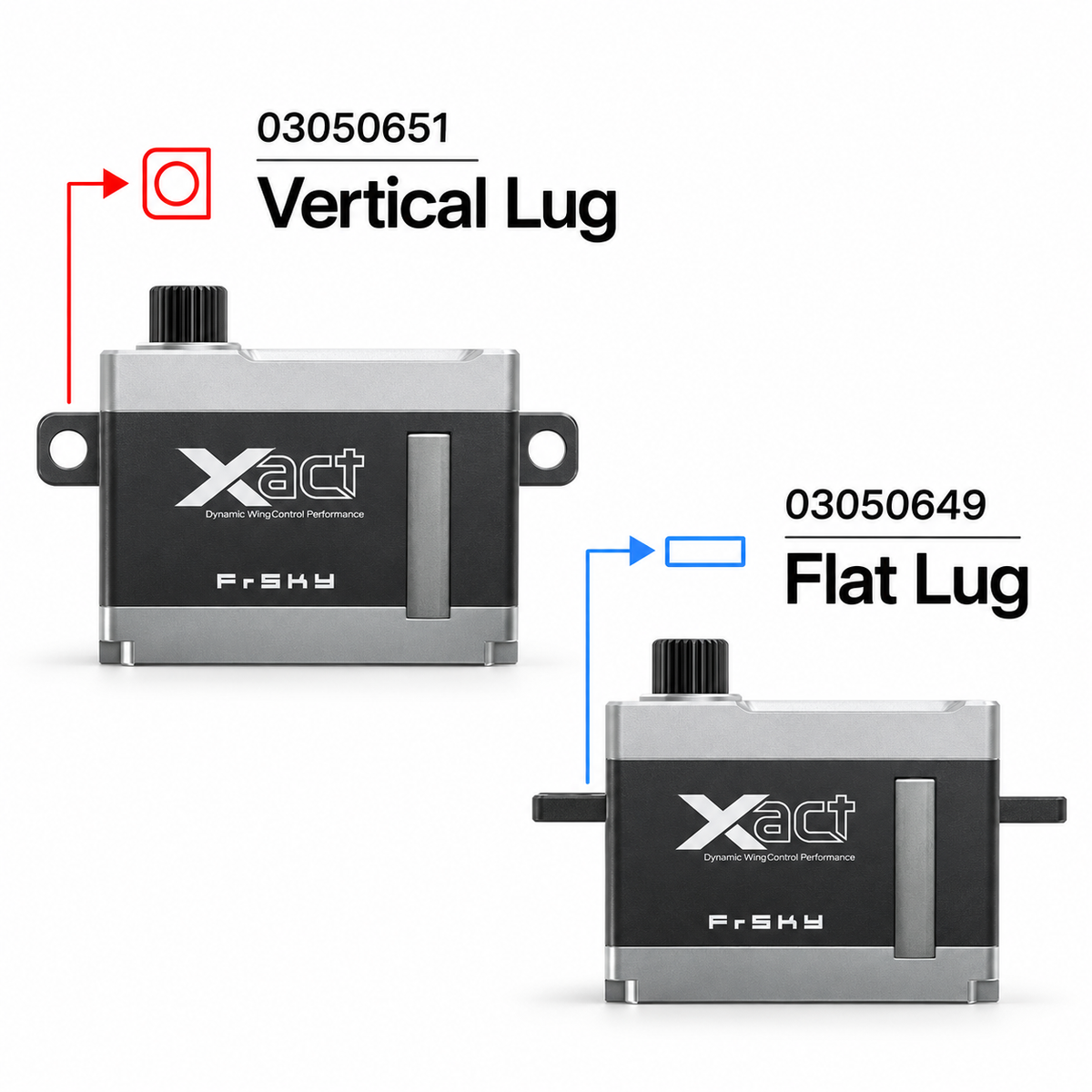 Two Xact FSKY dynamic control performance modules shown on a white background, labeled as Vertical Lug (03050651) and Flat Lug (03050649), with red and blue arrow callouts indicating the lug orientation.