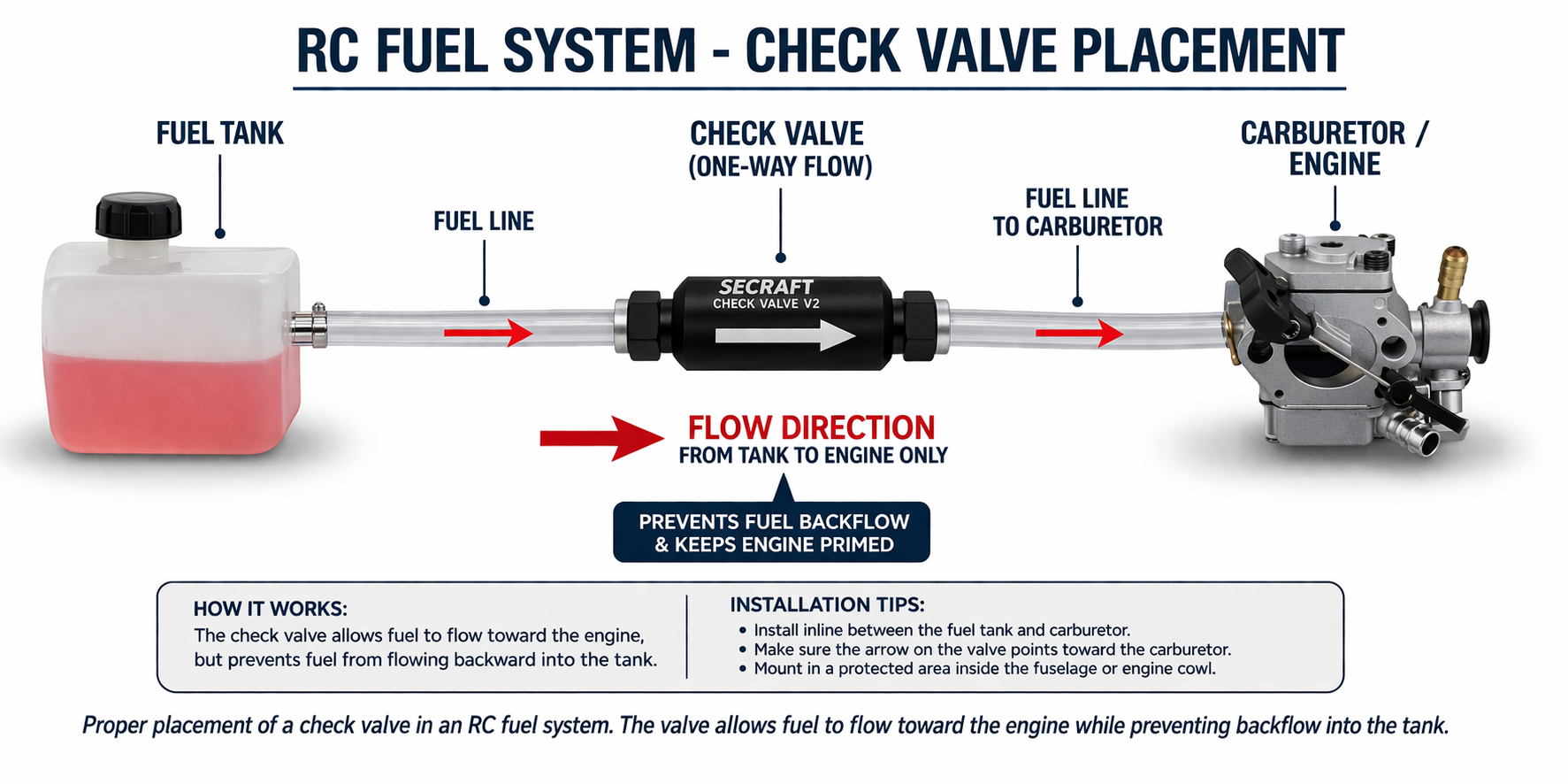 RC fuel system check valve placement diagram showing one way fuel flow from tank to carburetor