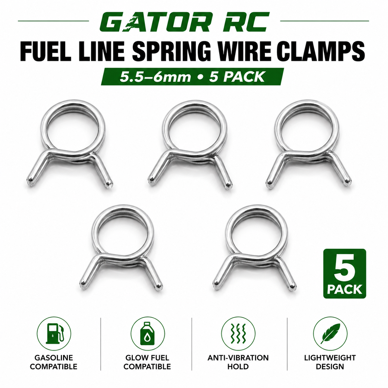 Gator RC Fuel Line Spring Wire Clamps – 5.5–6mm (5 Pack)
