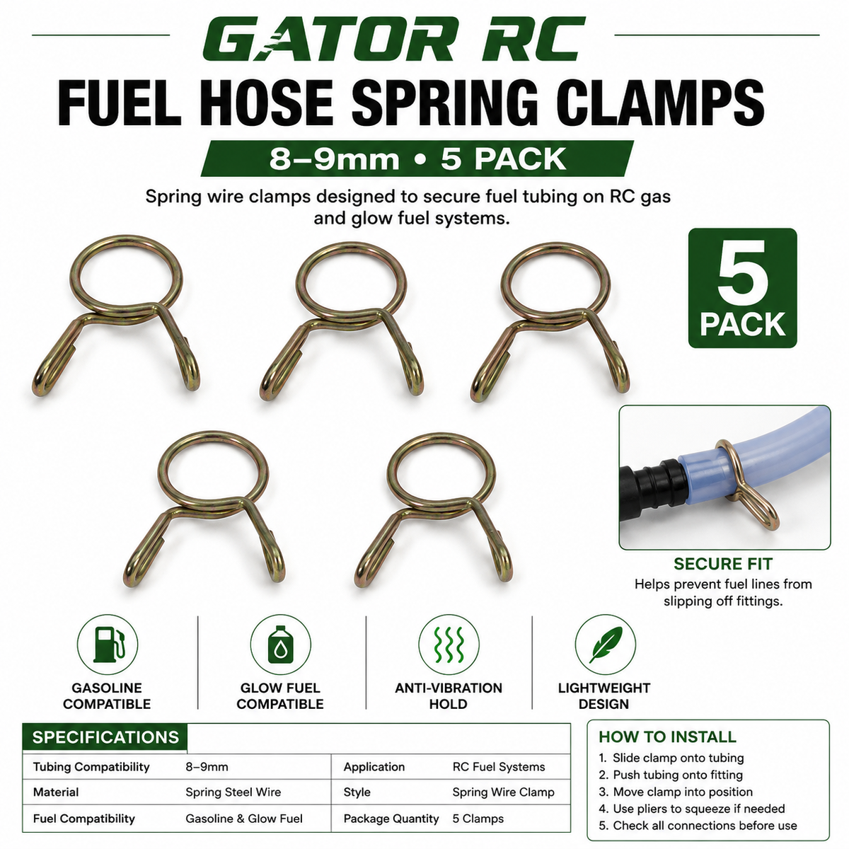 Gator RC Fuel Hose Spring Clamps – 8–9mm (5 Pack)