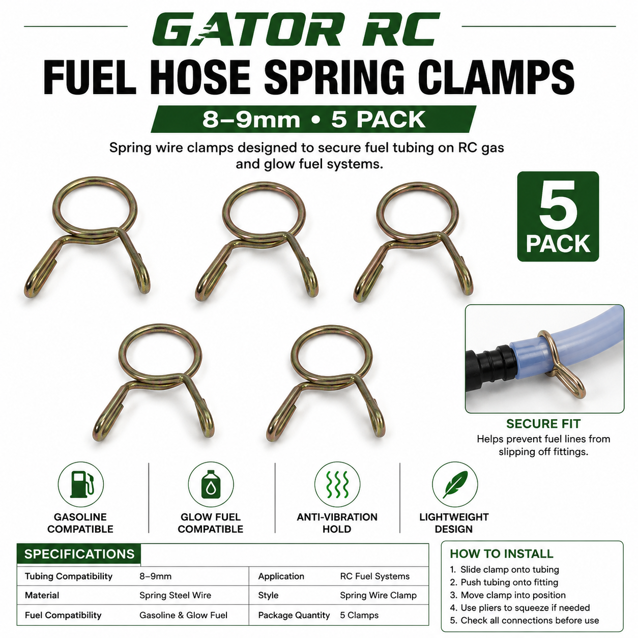 Gator RC Fuel Hose Spring Clamps – 8–9mm (5 Pack)
