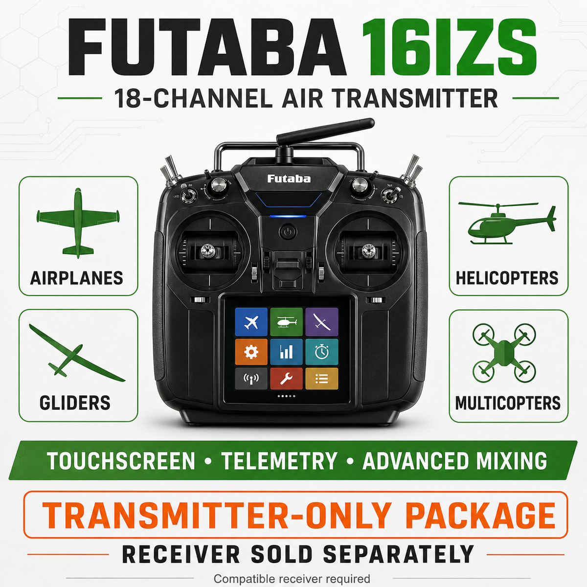 Futaba 16IZS 18-channel air transmitter remote control shown on a white background with feature callouts for airplanes, helicopters, gliders, and multicopters, plus text noting touchscreen, telemetry, and advanced mixing.