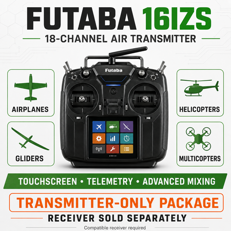 Futaba 16IZS 18-channel air transmitter remote control shown on a white background with feature callouts for airplanes, helicopters, gliders, and multicopters, plus text noting touchscreen, telemetry, and advanced mixing.