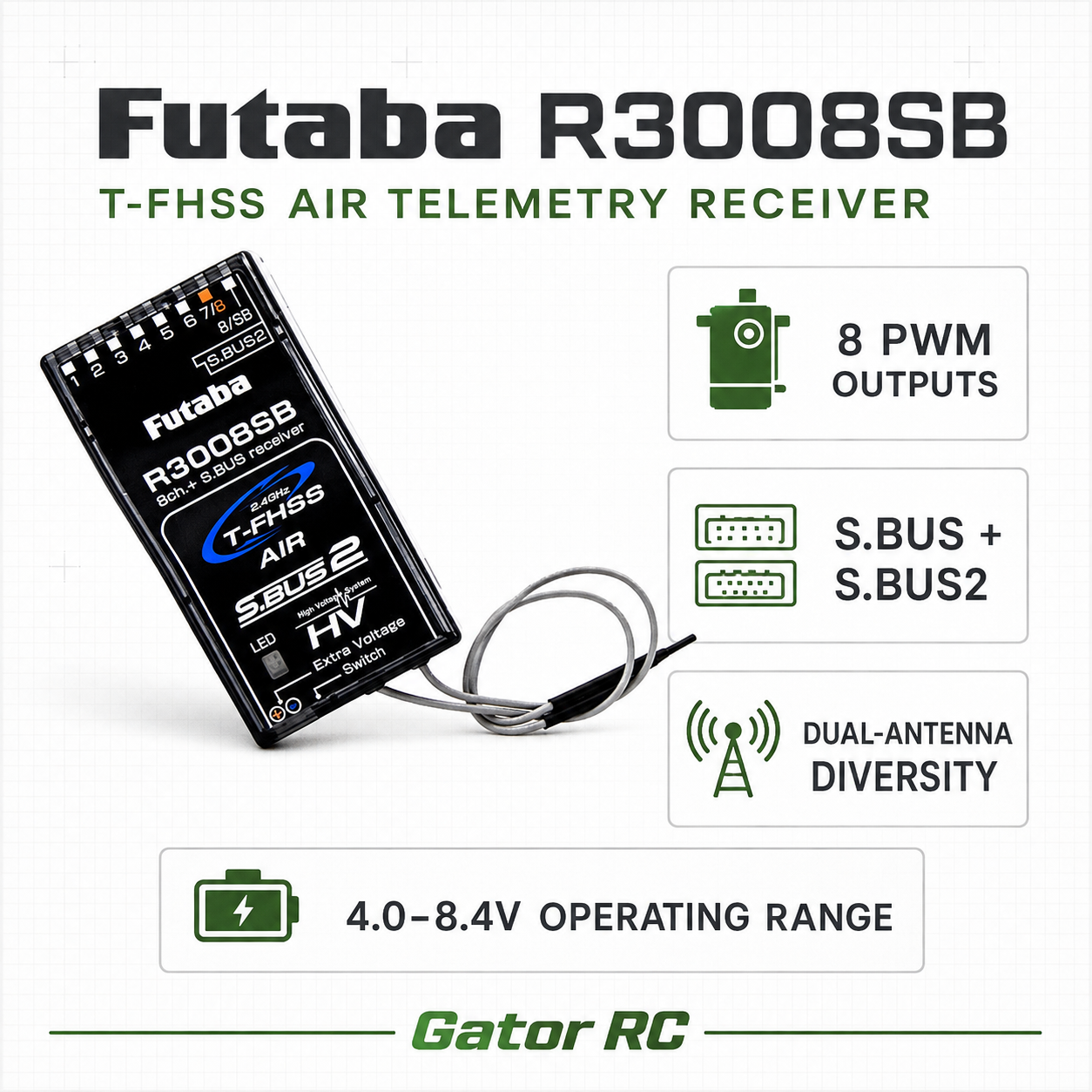 Futaba R3008SB T-FHSS Air Telemetry Receiver for RC models, featuring a black rectangular receiver unit with blue and white branding, a coiled wire, and informational text highlighting 8 PWM outputs, S.BUS + S.