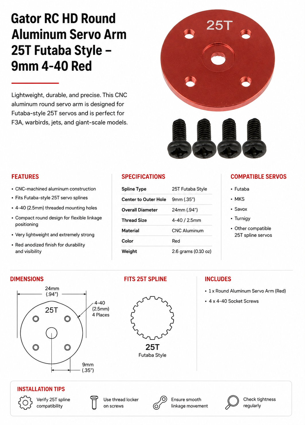 Gator RC HD Round Aluminum Servo Arm 25T Futaba Style packaging with specifications and features on a white background.
