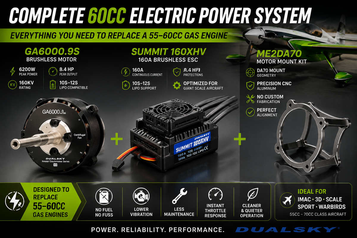 Electric power system components for RC aircraft with Dualsky branding.