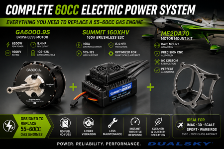 Electric power system components for RC aircraft with Dualsky branding.