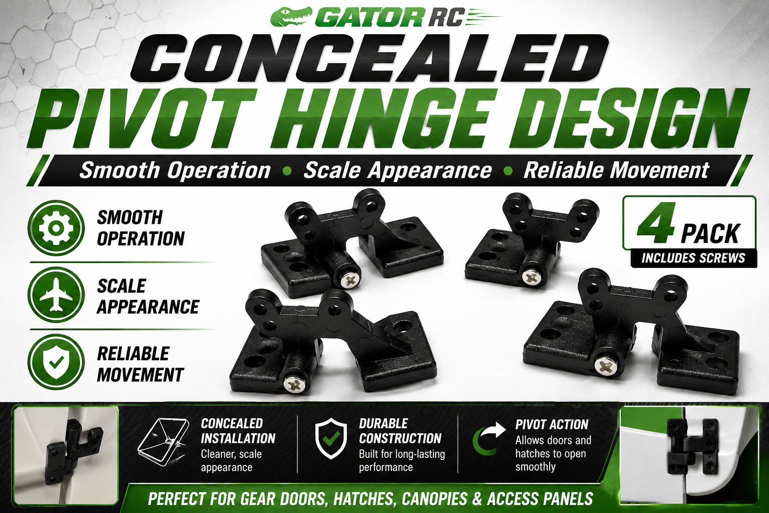 Gator RC concealed pivot hinge design with packaging details on a gray background