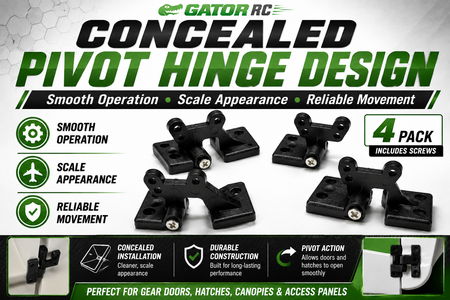 Gator RC concealed pivot hinge design with packaging details on a gray background
