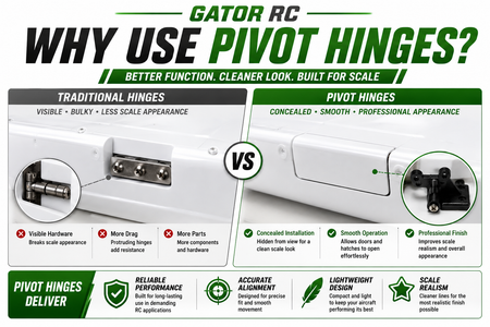 Comparison chart of traditional vs. pivot hinges with Gator RC branding.