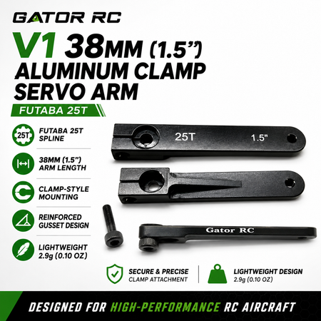 Gator RC V1 38mm aluminum clamp servo arm with specifications on a white background