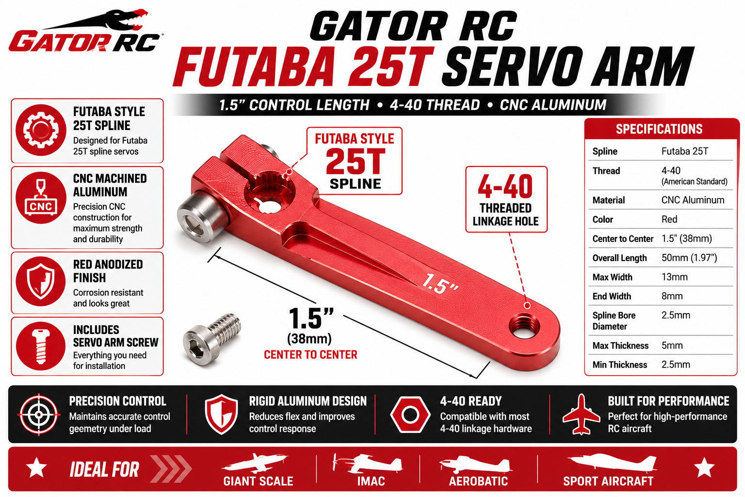 Gator RC Futaba 25T servo arm with specifications and features on a red and black background