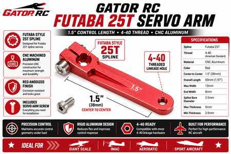 Gator RC Futaba 25T servo arm with specifications and features on a red and black background