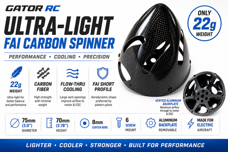 Gator RC ultra-light FAI carbon spinner with specifications on a blue and white background
