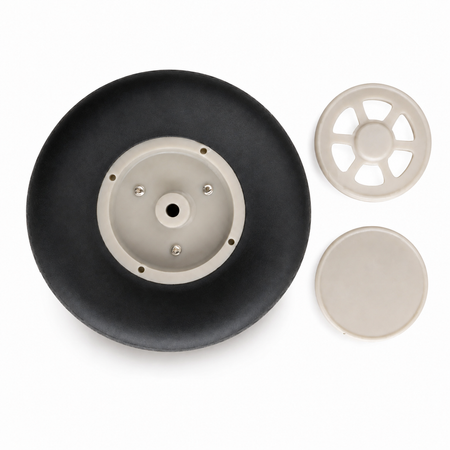 A black rubber wheel with a beige hub, shown alongside two beige plastic mounting pieces on a plain white background. The wheel has 'Hagye Model' embossed on the tire.
