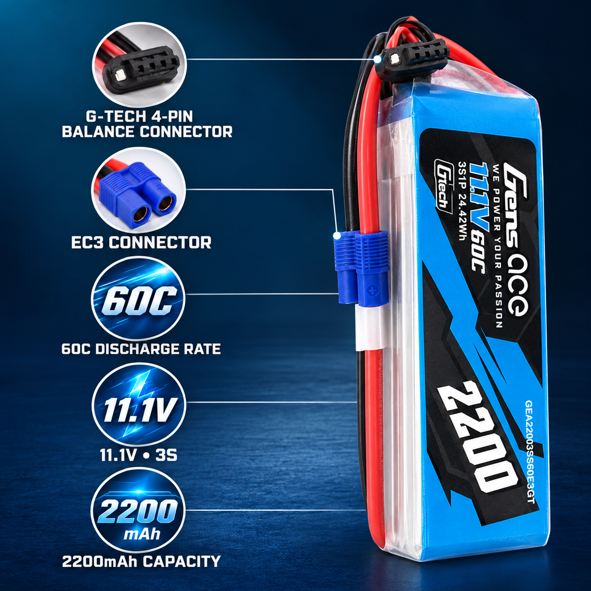 Gens ace G-Tech 2200mAh 3S 60C LiPo Battery with EC3 Plug