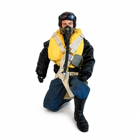 WarbirdPilots WWII German Luftwaffe RC pilot with black jacket, yellow life vest, blue trousers, and oxygen mask