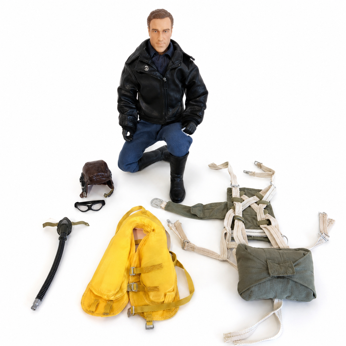 WarbirdPilots WWII German Luftwaffe RC pilot with black jacket, yellow life vest, blue trousers, and oxygen mask