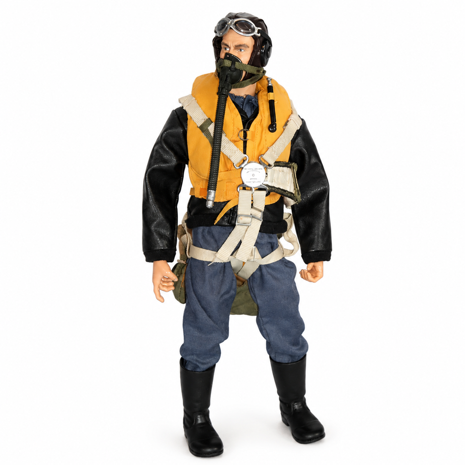 WarbirdPilots WWII German Luftwaffe RC pilot with black jacket, yellow life vest, blue trousers, and oxygen mask
