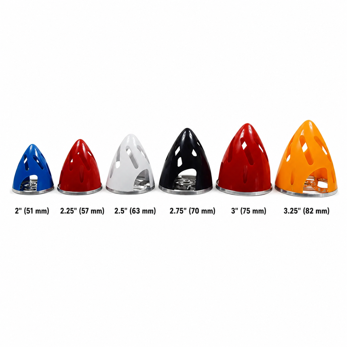 Six cone-shaped metal reflectors in blue, red, white, black, red, and orange, shown in ascending size order with measurements printed below each item on a white background.