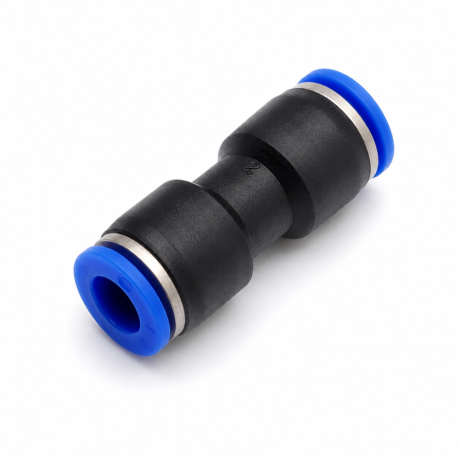 A black plastic pneumatic pipe connector with blue O-rings and silver metal inner rings, shown on a white background.